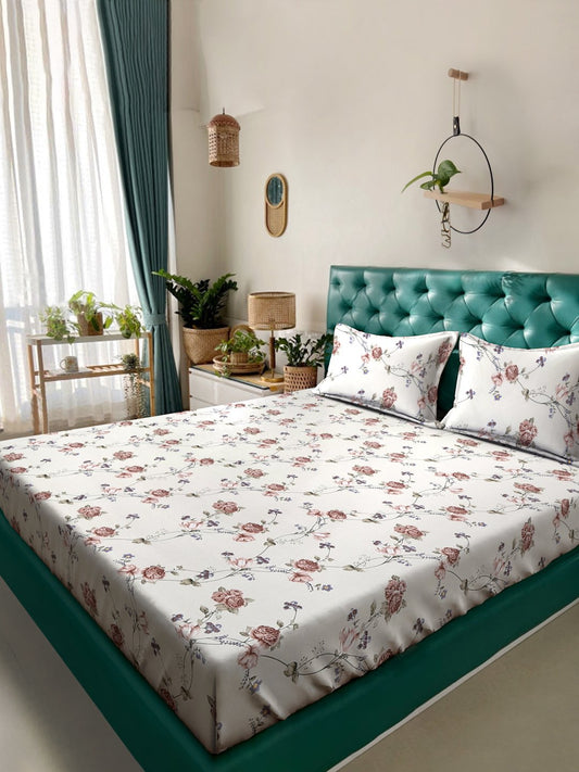 Beige Floral 300 TC Cotton Blend Double Bedsheet with 2 Pillow Covers