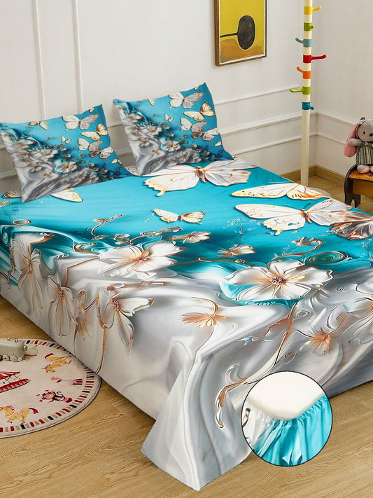 Blue 7D Floral Printed Fitted Cotton Blend Double Bedsheet with 2 Pillow Covers