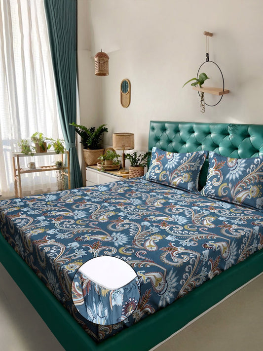 Blue Floral 300 TC Cotton Blend Fitted Double Bedsheet with 2 Pillow Covers