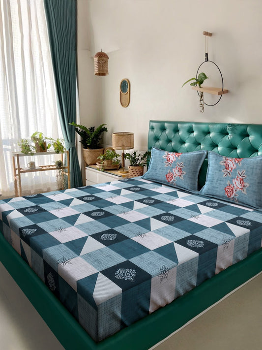 Blue Geometric 400 TC Pure Cotton Super King Double Bedsheet with 2 Pillow Covers