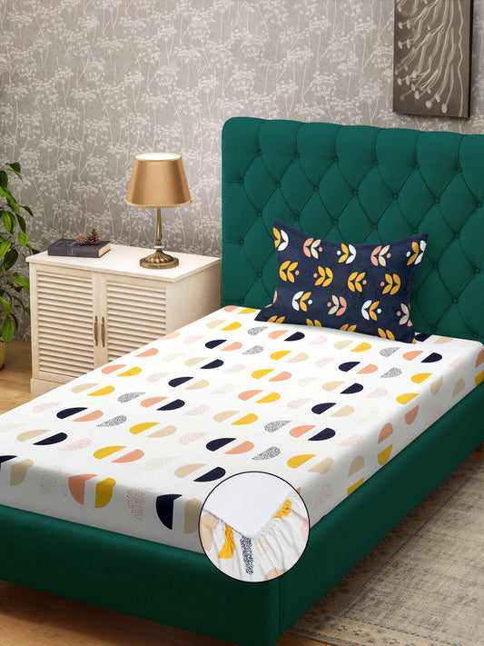 Klotthe White Geometric 300 TC Cotton Blend Fitted Single Bedsheet with Pillow Cover