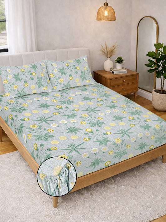 Green Floral Cotton Blend Fitted Double Bedsheet with 2 Pillow Covers