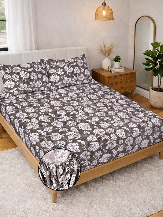 Brown Floral Cotton Blend Fitted Double Bedsheet with 2 Pillow Covers