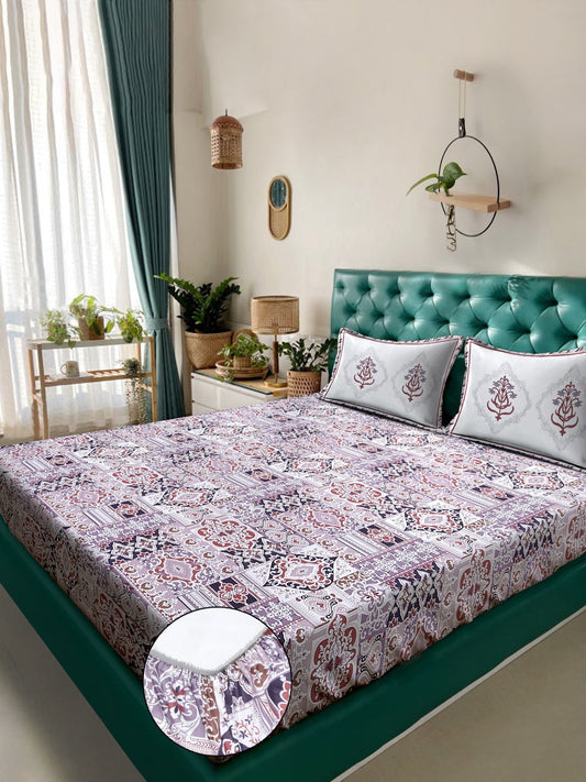 Purple Ethnic Motifs 400 TC Pure Cotton Super King Fitted Double Bedsheet with 2 Pillow Covers