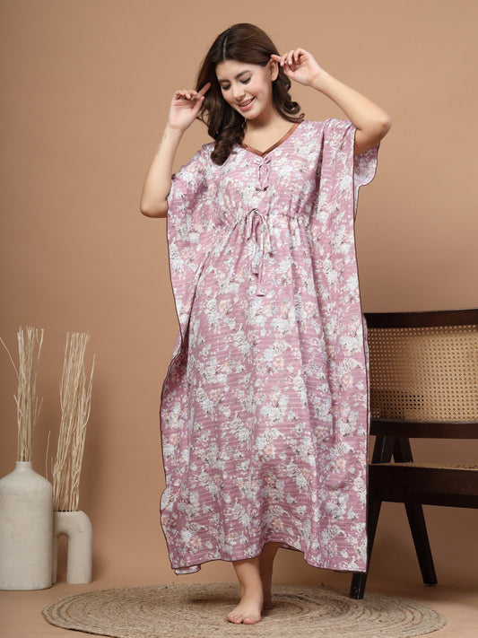 Pink Floral Cotton Blend Kaftan Maxi Nightdress