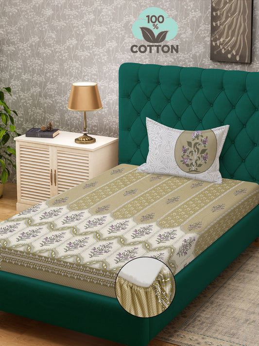 Klotthe Olive Floral 400 TC Pure Cotton Fitted Single Bedsheet with Pillow Cover