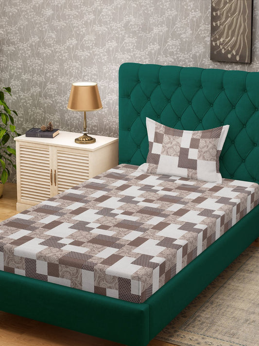 Brown Geometric 400 TC Pure Cotton Single Bedsheet with Pillow Cover