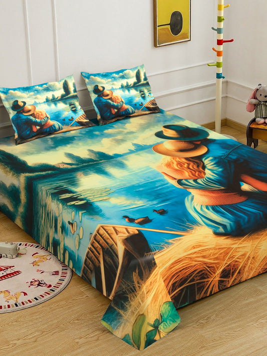 Blue Digital Abstract Printed Cotton Blend Double Bedsheet with 2 Pillow Covers