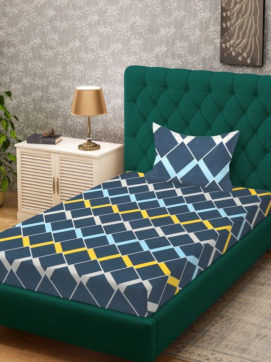 Blue Geometric 300 TC Cotton Blend Fitted Single Bedsheet with Pillow Cover