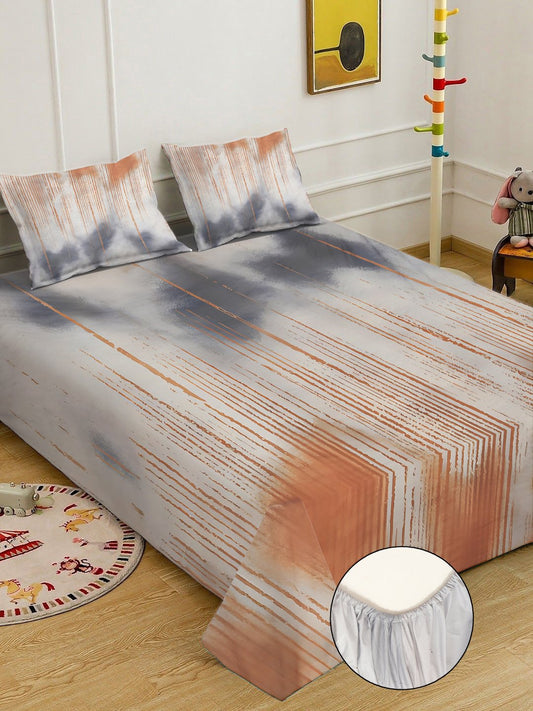 Grey Digital Abstract Printed Cotton Blend Fitted Double Bedsheet with 2 Pillow Covers
