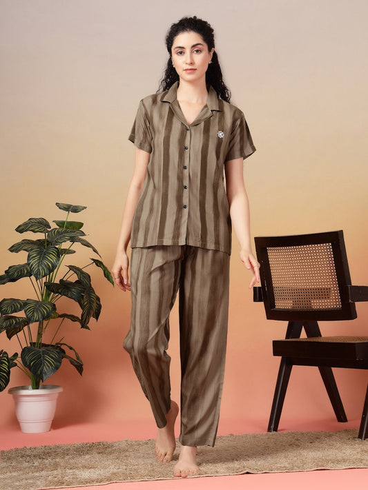 Women Brown Striped Pure Cotton Night Suit
