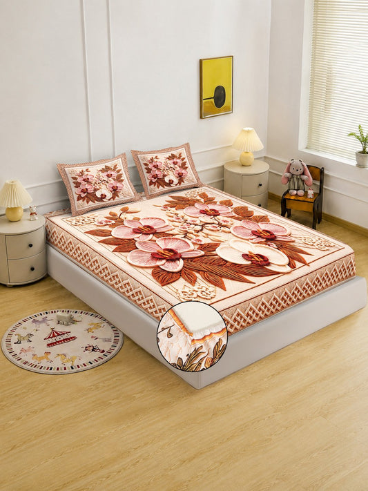 Digital Printed Multi Floral Cotton Blend Fitted Double Bedsheet with 2 Pillow Covers