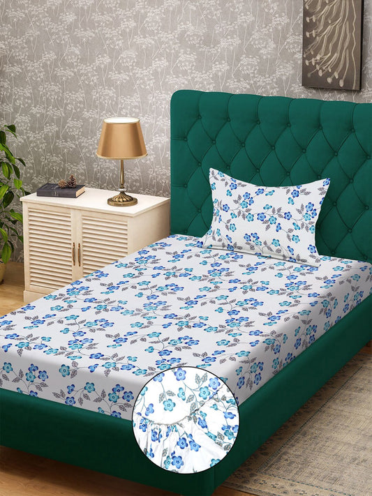 White Floral 300 TC Cotton Blend Fitted Single Bedsheet with Pillow Cover