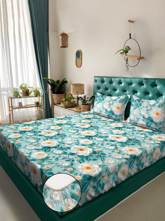 Turquoise Floral 7D King Size Cotton Blend Fitted Double Bedsheet with 2 Pillow Covers
