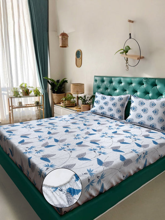 Blue Floral 400 TC Pure Cotton Fitted Double Bedsheet with 2 Pillow Covers