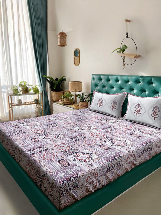 Purple Ethnic Motifs 400 TC Pure Cotton Super King Double Bedsheet with 2 Pillow Covers