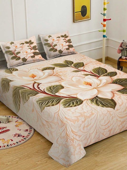 Cream Digital Floral Printed Cotton Blend Double Bedsheet with 2 Pillow Covers