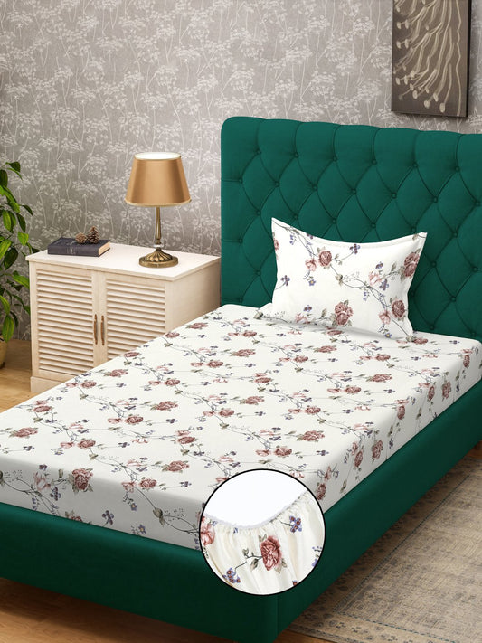Beige Floral 300 TC Cotton Blend Fitted Single Bedsheet Set in Book Fold Packing