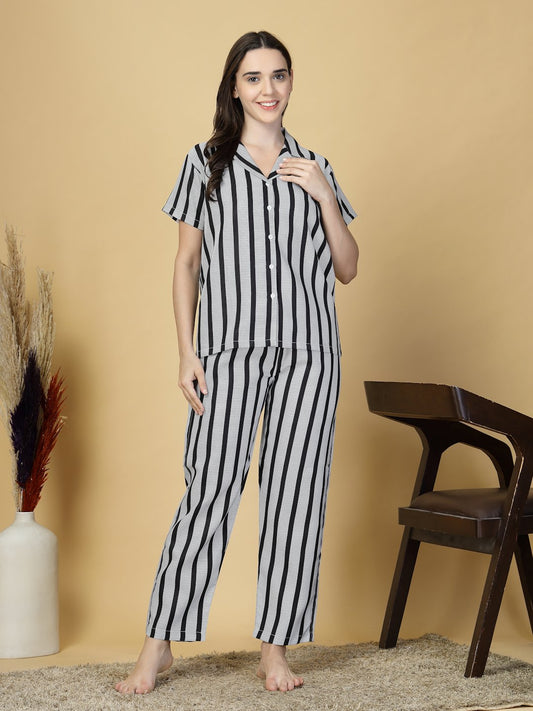 Women Black Striped Cotton Blend Night Suit