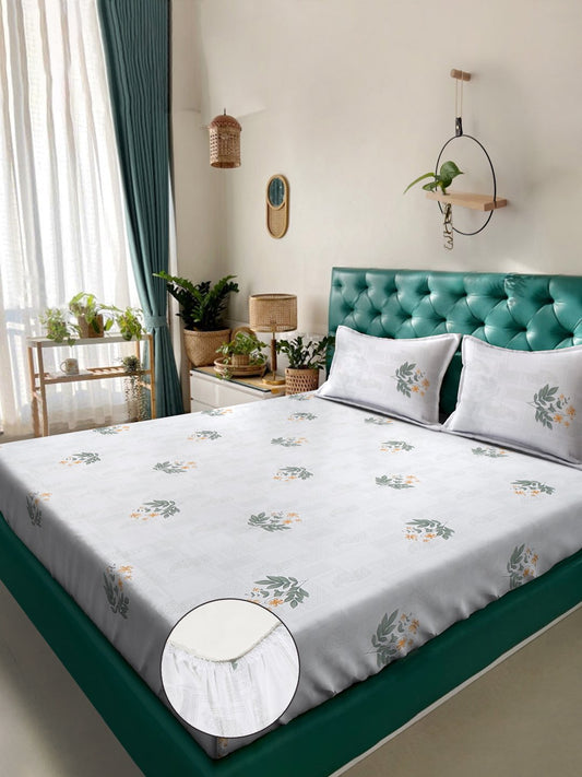 White Floral 400 TC Pure Cotton Super King Double Bedsheet with 2 Pillow Covers