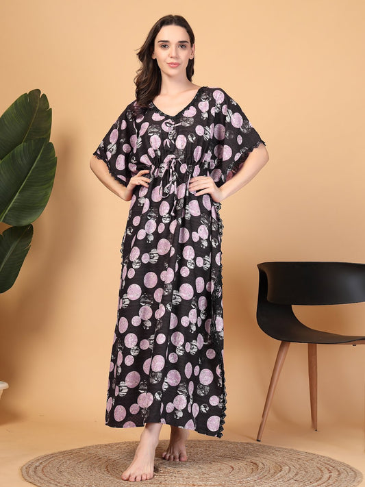 Brown Floral Cotton Blend Kaftan Maxi Nightdress