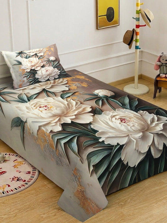 Brown Digital Floral Printed Cotton Blend Single Bedsheet with Pillow Cover