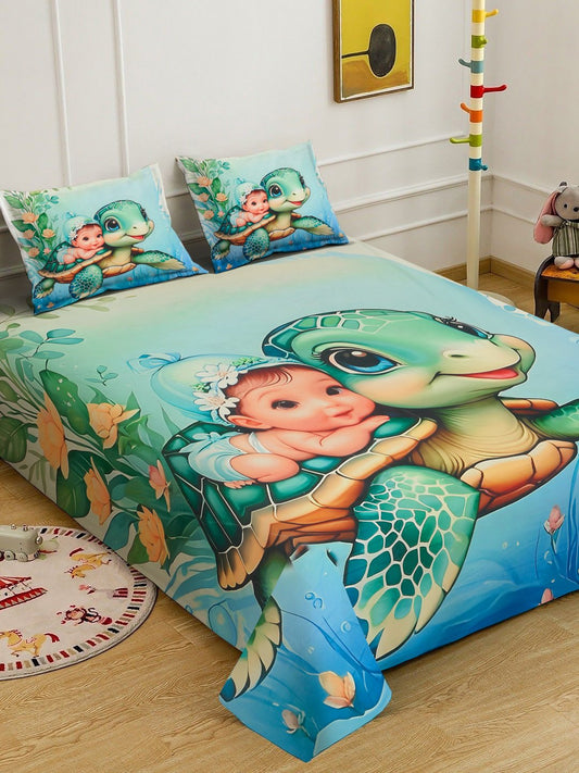 Multi Digital Cartoon Characters Printed Cotton Blend Double Bedsheet with 2 Pillow Covers