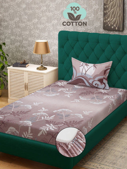 Klotthe Multi Floral 400 TC Pure Cotton Fitted Single Bedsheet with Pillow Cover