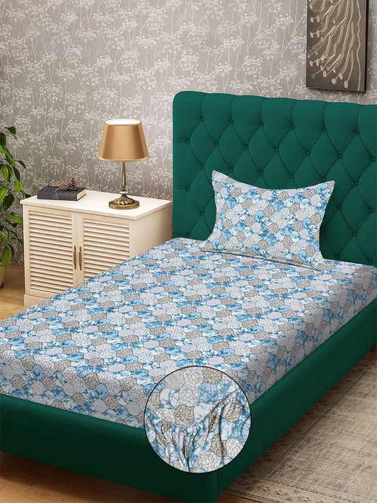 Blue Floral 300 TC Cotton Blend Fitted Single Bedsheet with Pillow Cover