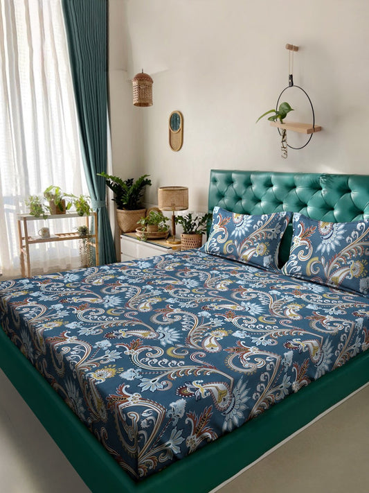 Blue Floral 300 TC Cotton Blend Double Bedsheet with 2 Pillow Covers