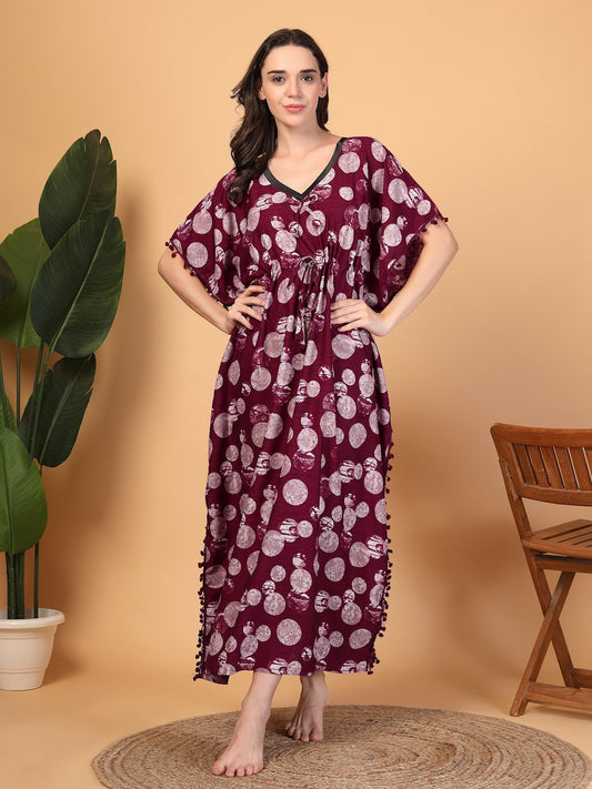Red Floral Cotton Blend Kaftan Maxi Nightdress