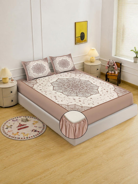 Digital Printed Cream Floral Cotton Blend Fitted Double Bedsheet with 2 Pillow Covers