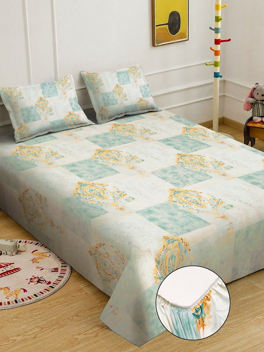 Green Digital Geometric Printed Cotton Blend Fitted Double Bedsheet with 2 Pillow Covers