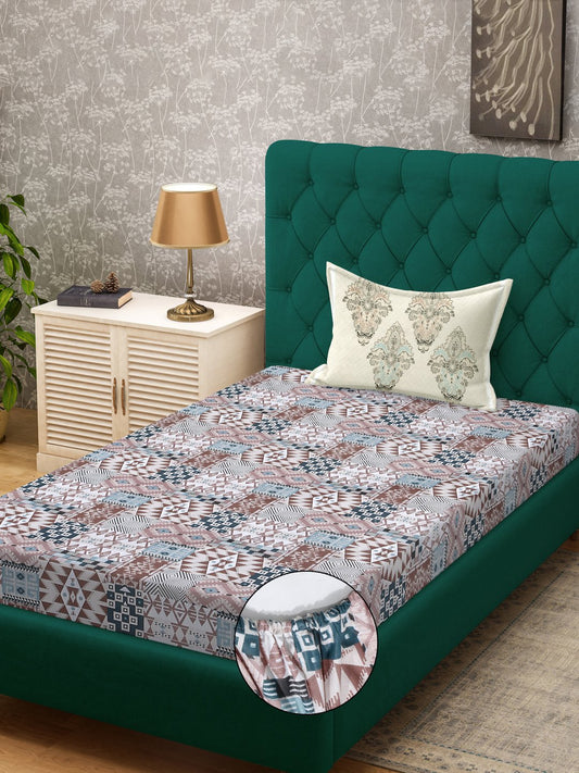 Multi Geometric 400 TC Pure Cotton Fitted Single Bedsheet with Pillow Cover