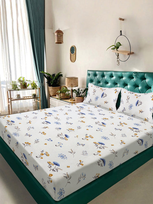 White Floral 300 TC Cotton Blend Double Bedsheet in Book Fold Packing