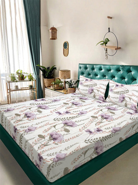 White Floral 300 TC Cotton Blend Double Bedsheet with 2 Pillow Covers