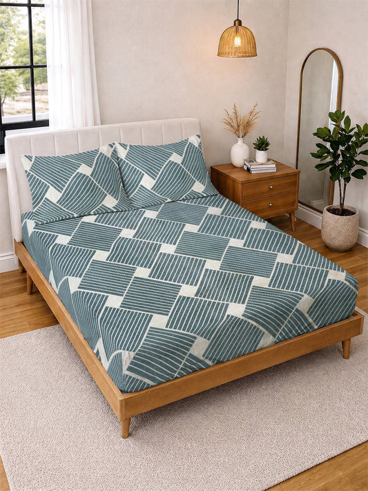 Grey Geometric Cotton Blend Double Bedsheet with 2 Pillow Covers
