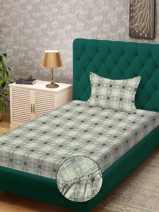 Green Geometric 300 TC Cotton Blend Fitted Single Bedsheet with Pillow Cover
