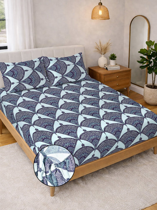 Blue Geometric Fitted Fitted Cotton Blend Double Bedsheet with 2 Pillow Covers