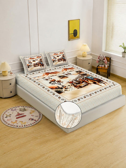 Digital Printed Cream Conversational Cotton Blend Fitted Double Bedsheet with 2 Pillow Covers