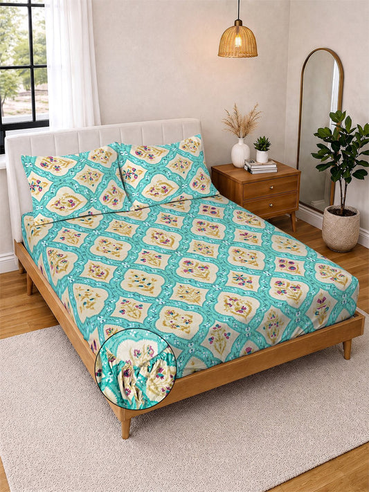 Multi Floral Cotton Blend Fitted Double Bedsheet with 2 Pillow Covers