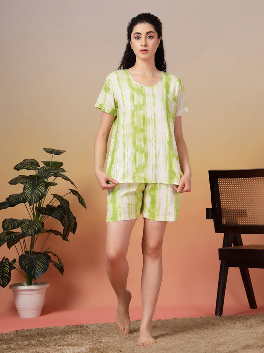 Women Green Abstract Pure Cotton Night Suit