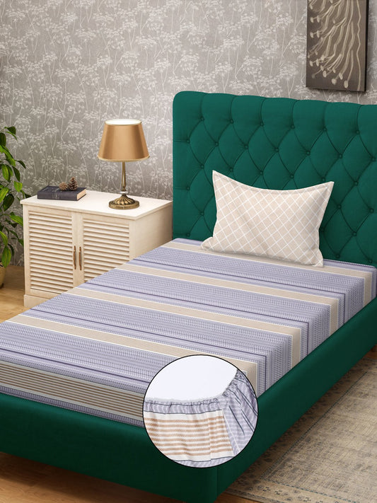 Purple Striped 300 TC Cotton Blend Fitted Single Bedsheet with Pillow Cover