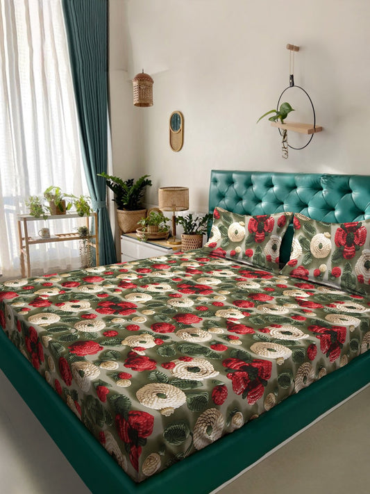 Green Floral 7D King Size Cotton Blend Double Bedsheet with 2 Pillow Covers