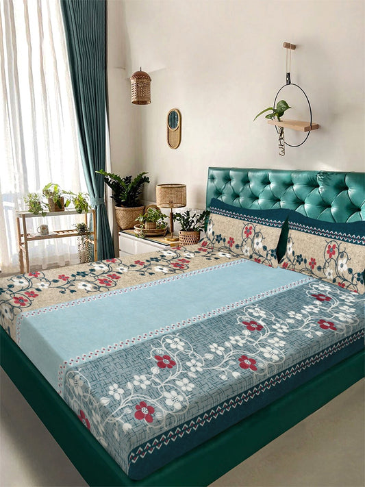 Multi Floral Woolen Double Bedsheet with 2 Pillow Covers