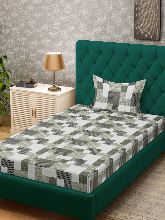 Olive Geometric 400 TC Pure Cotton Single Bedsheet with Pillow Cover