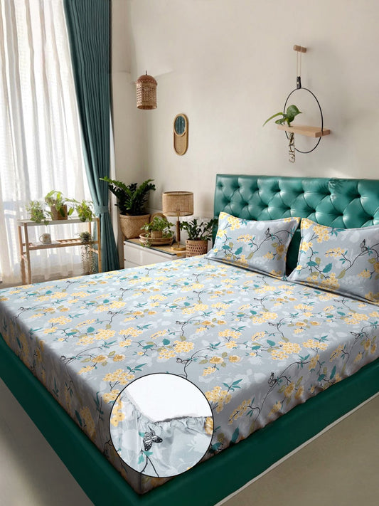 Multi Floral 300 TC Cotton Blend Fitted Double Bedsheet with 2 Pillow Covers