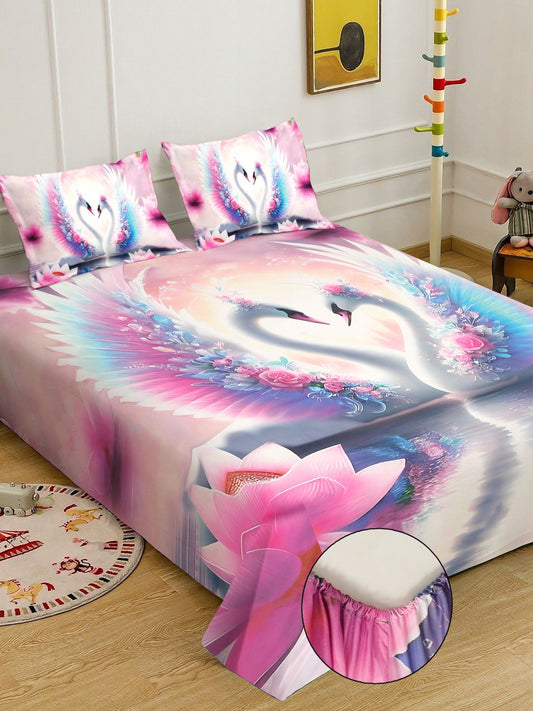 Multi 7D Animal Printed Fitted Cotton Blend Double Bedsheet with 2 Pillow Covers