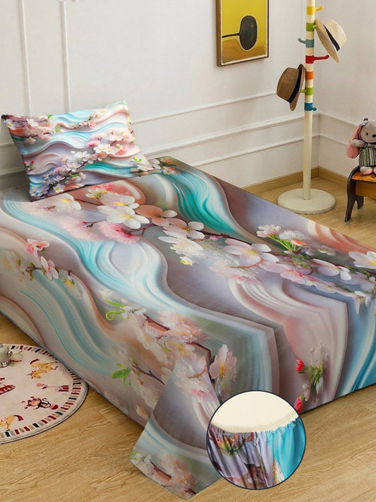 Multi Digital Floral Printed Cotton Blend Fitted Single Bedsheet with Pillow Cover