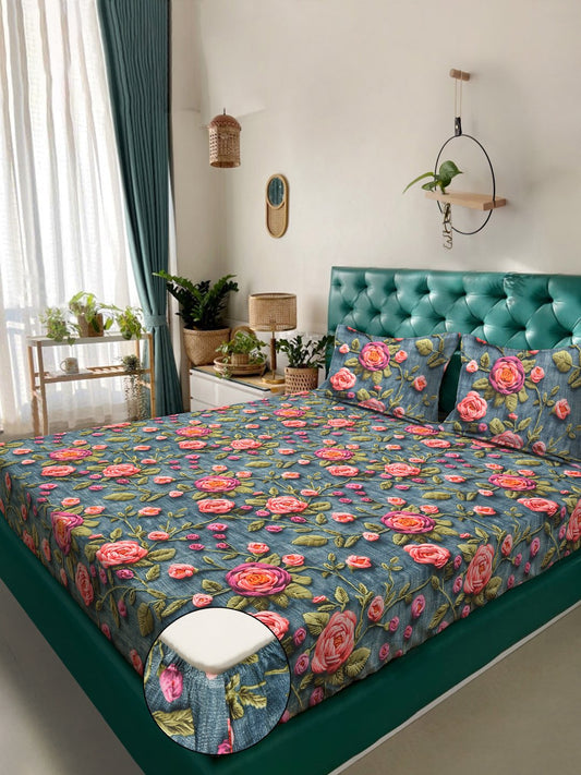 Turquoise Floral 7D King Size Cotton Blend Fitted Double Bedsheet with 2 Pillow Covers